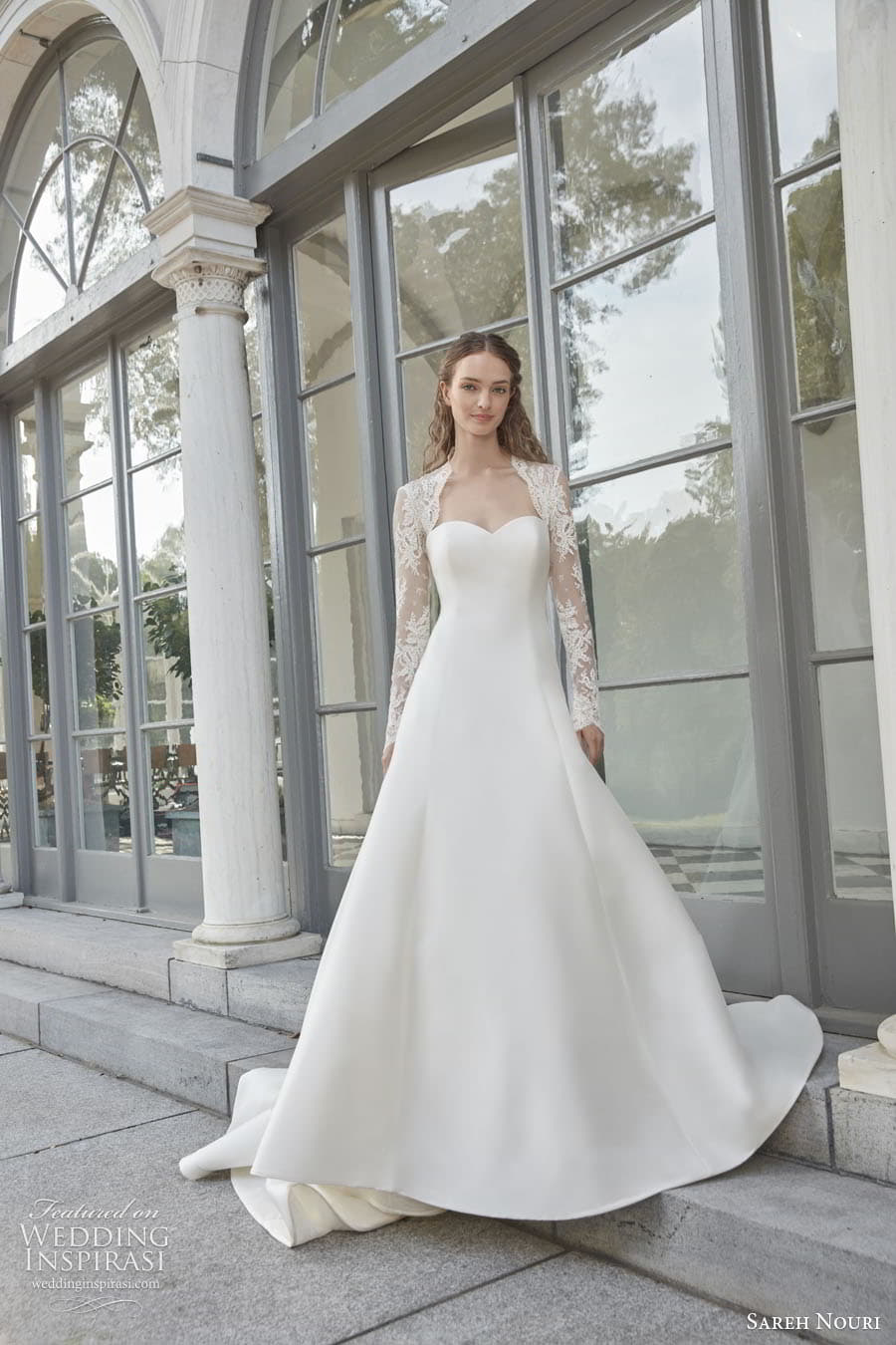 sareh nouri fall 2022 bridal sheer long sleeve queen anne neckline clean minimalist a line ball gown wedding dress chapel train (10) mv