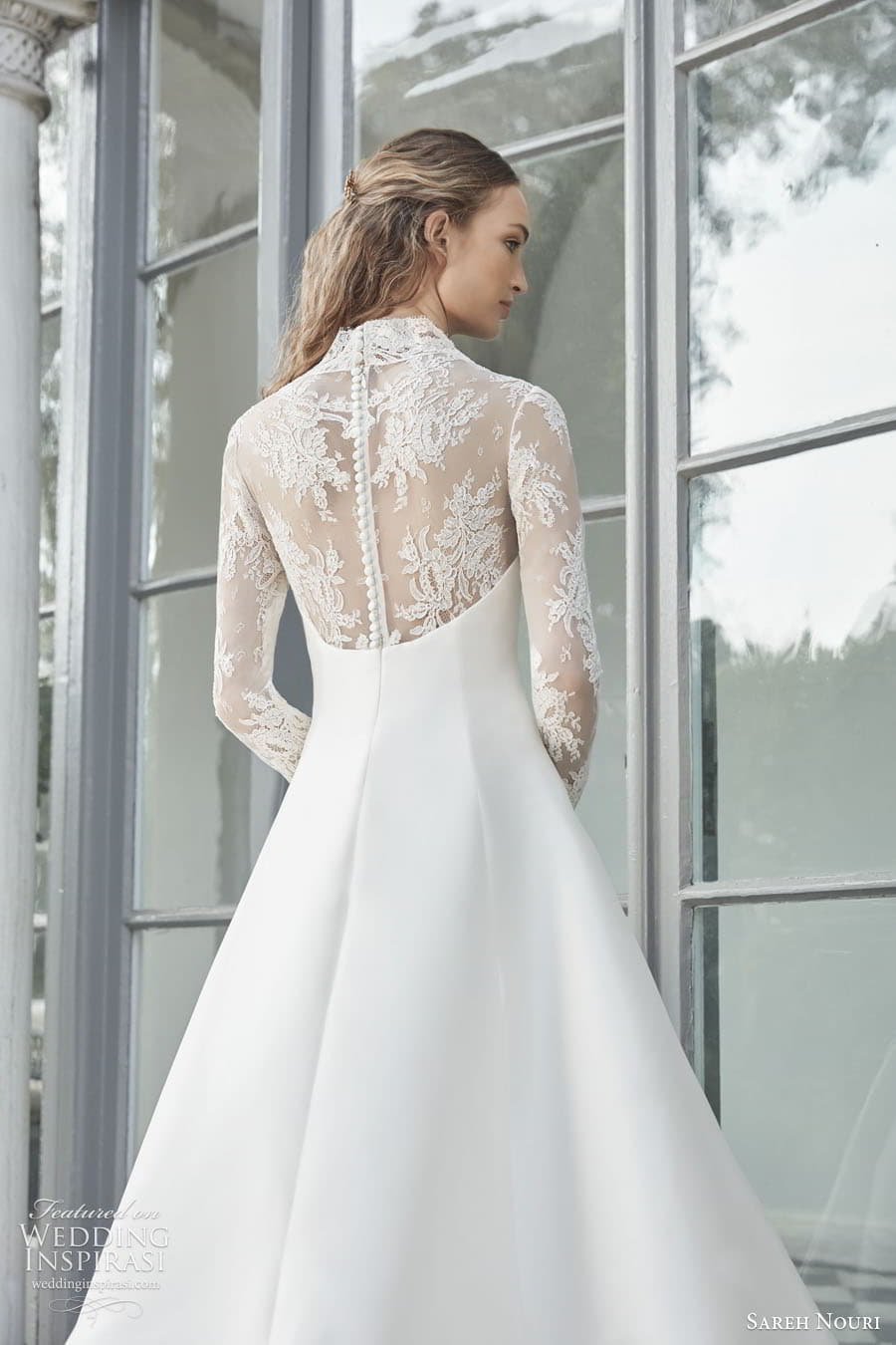 sareh nouri fall 2022 bridal sheer long sleeve queen anne neckline clean minimalist a line ball gown wedding dress chapel train (10) zbv