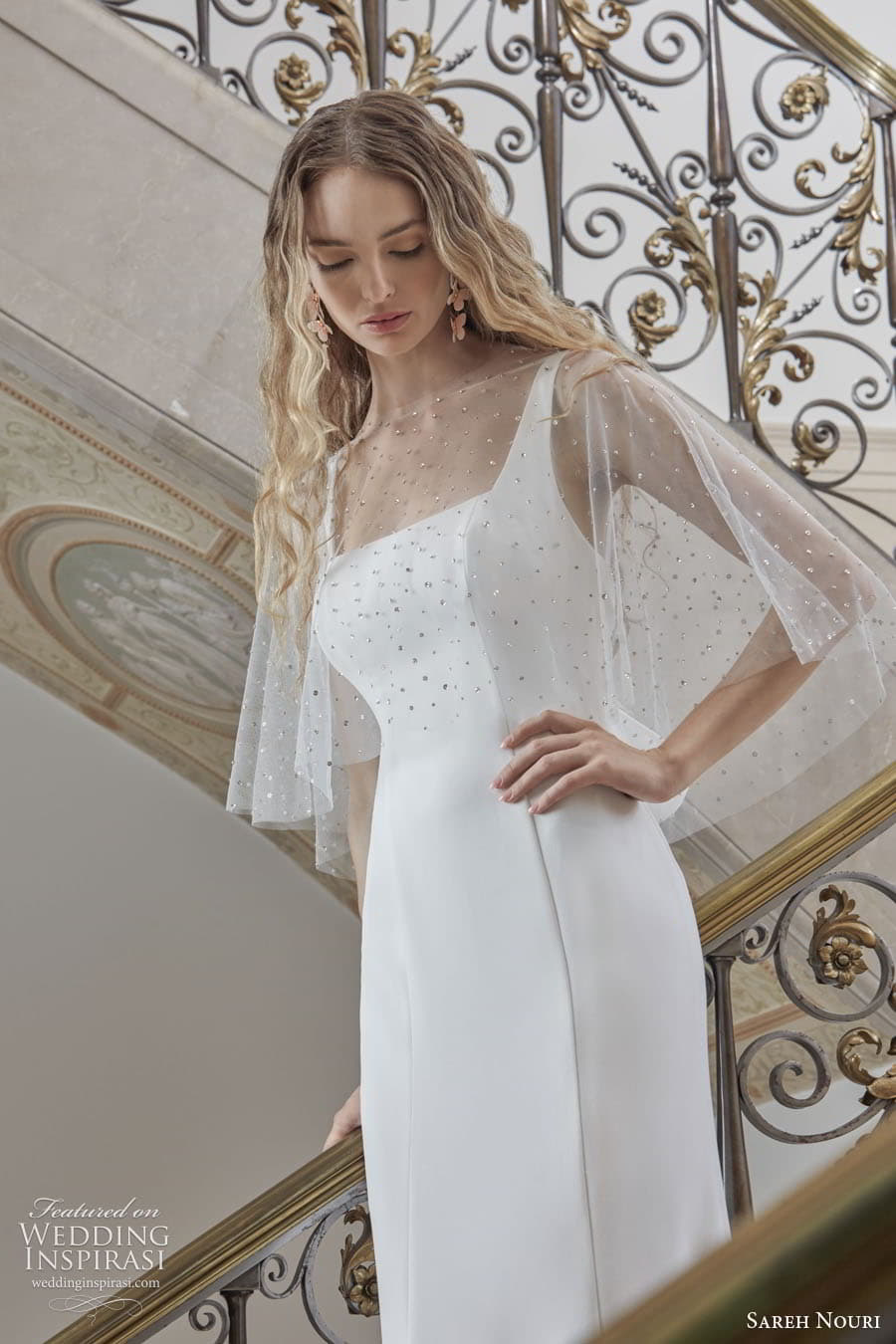 sareh nouri fall 2022 bridal sleeveless straps square neckline clean minimalist column wedding dress chapel train (3) zv capelet