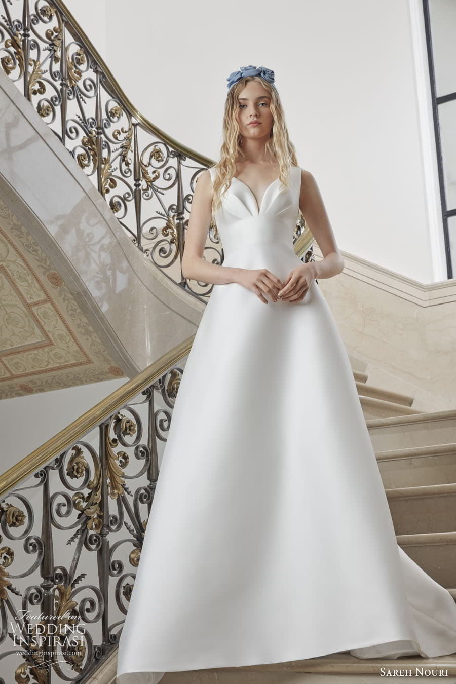 sareh nouri fall 2022 bridal sleeveless straps v neckline clean minimalist a line wedding dress chapel train (9) mv