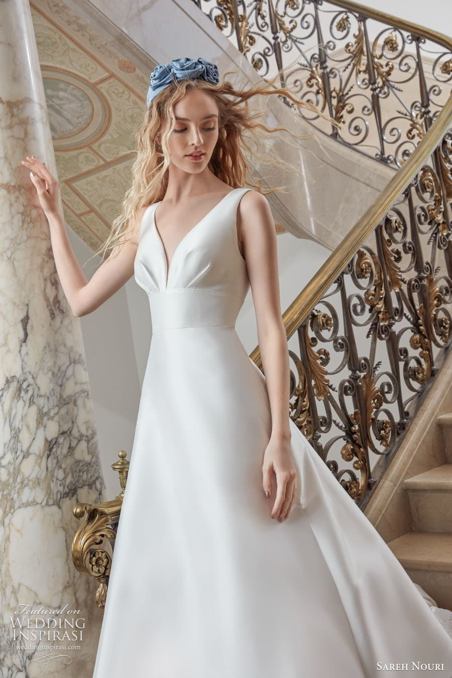 sareh nouri fall 2022 bridal sleeveless straps v neckline clean minimalist a line wedding dress chapel train (9) zv