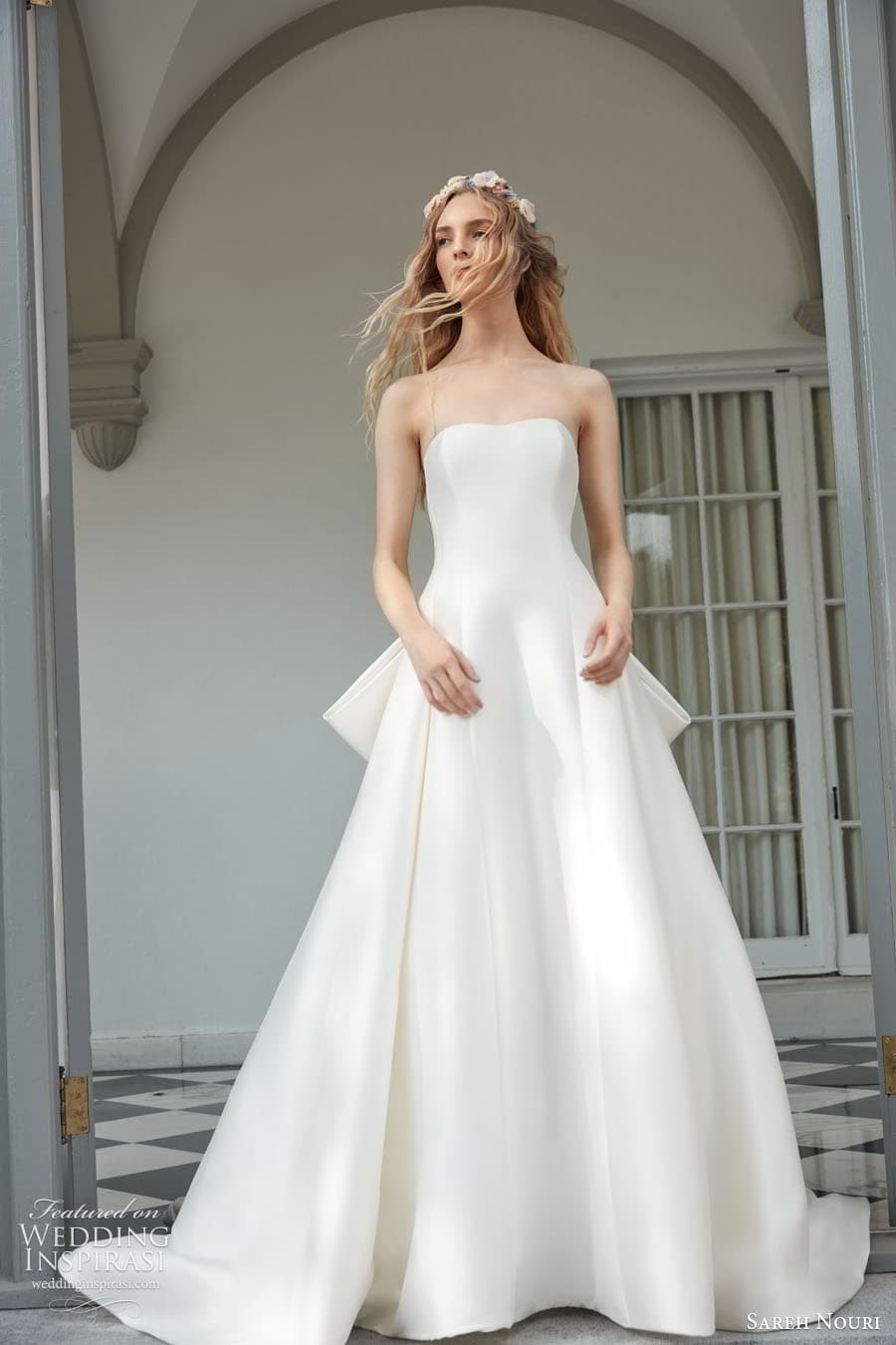 sareh nouri fall 2022 bridal strapless straight across neckline clean minimalist a line ball gown wedding dress chapel train (5) mv