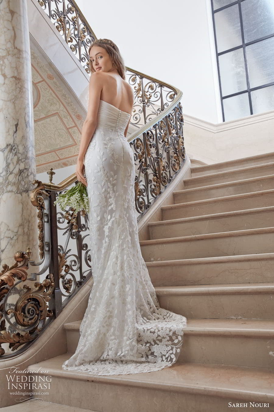 sareh nouri fall 2022 bridal strapless straight across neckline fully embellished lace sheath wedding dress chapel train (11) bv
