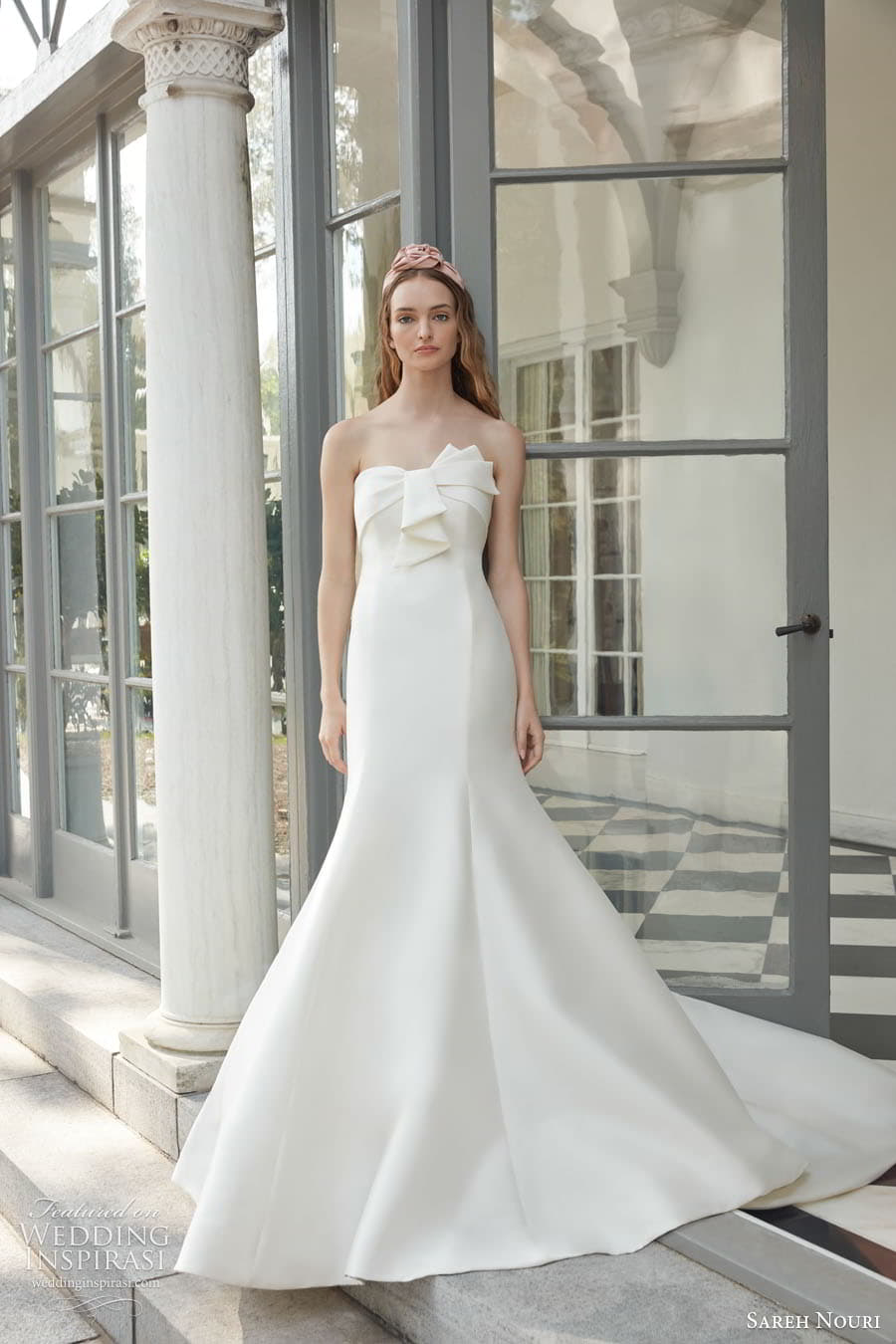 sareh nouri fall 2022 bridal strapless sweetheart neckline clean minimalist modifieda line wedding dress chapel train (1) mv