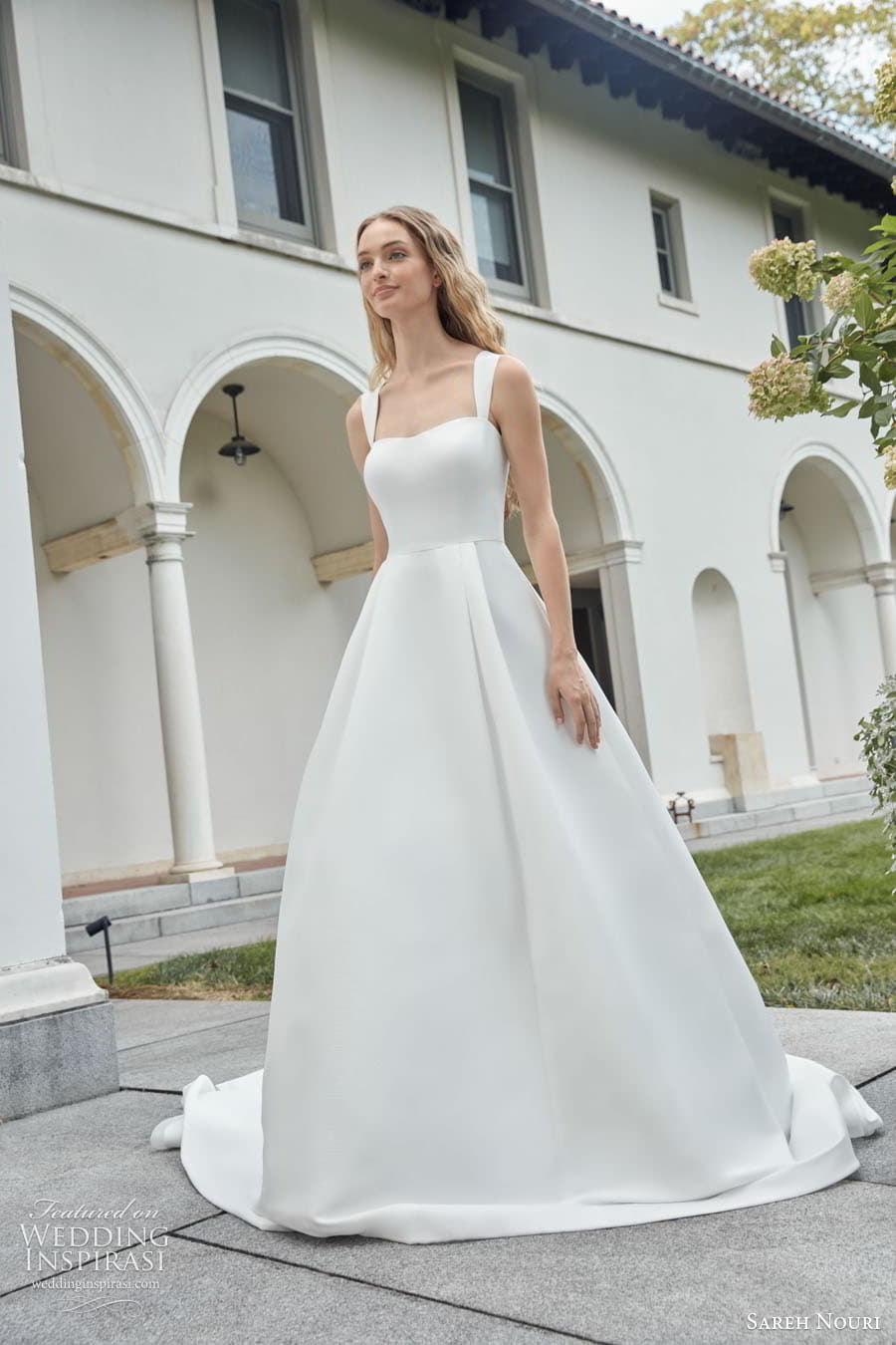 sareh nouri fall 2022 bridal thick straps semi sweetheart neckline clean minimalist a line ball gown wedding dress chapel train (6) mv