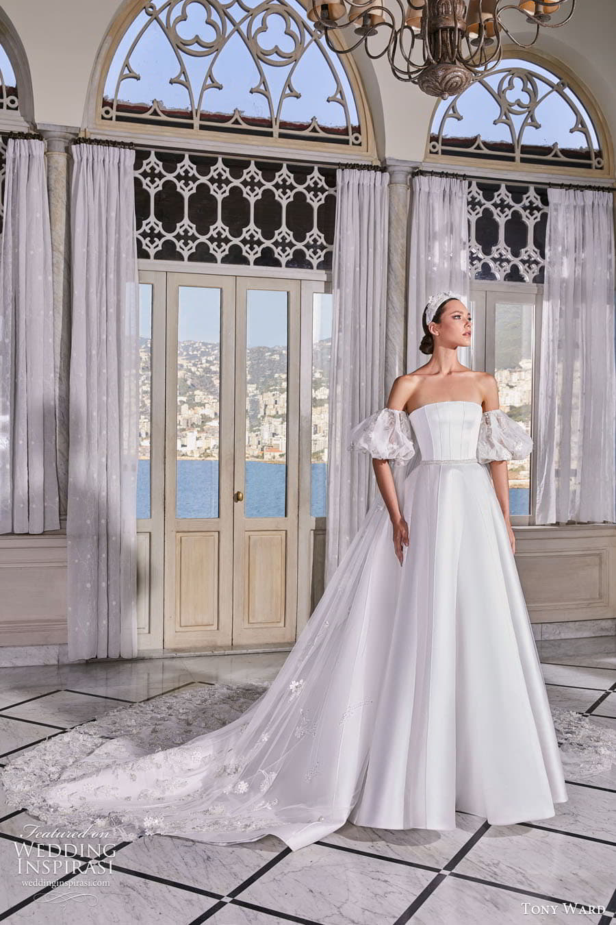 tony ward fall 2022 bridal detached puff sleeves strapless straight across neckline a line ball gown wedding dress chapel train (1) mv