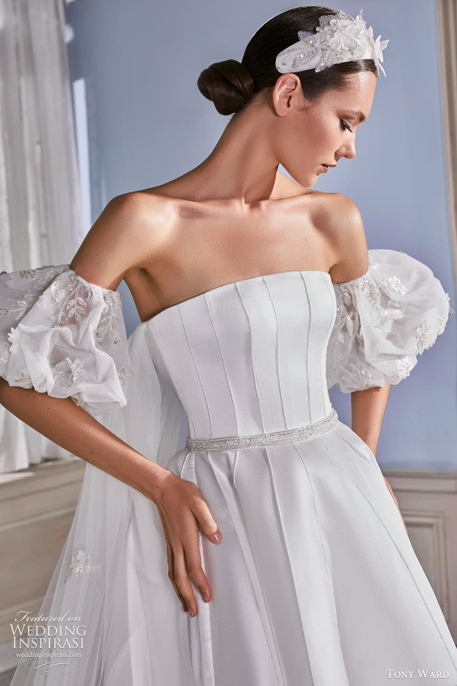 tony ward fall 2022 bridal detached puff sleeves strapless straight across neckline a line ball gown wedding dress chapel train (1) zv