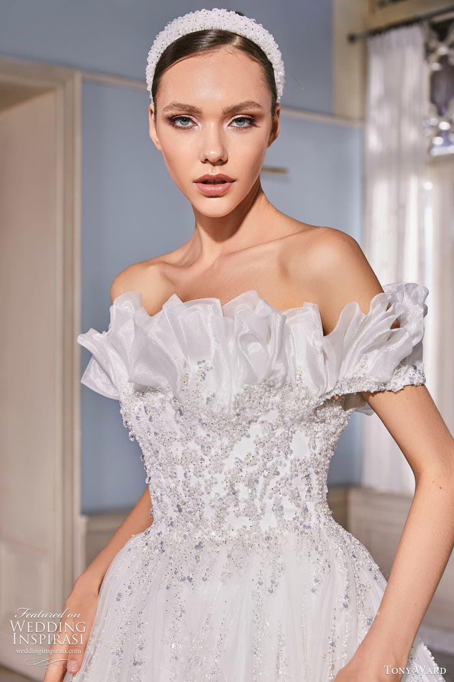 tony ward fall 2022 bridal off shoulder crumbcatcher neckline fully neckline a line ball gown wedding dress chapel train (11) zv