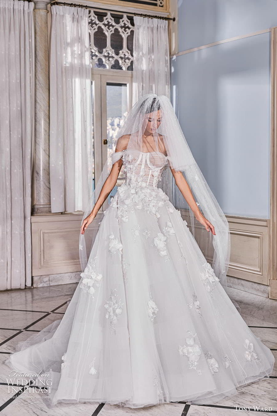 tony ward fall 2022 bridal off shoulder straps swag sleeve semi sweetheart neckline ruched corset bodice a line ball gown wedding dress chapel train (9) mv