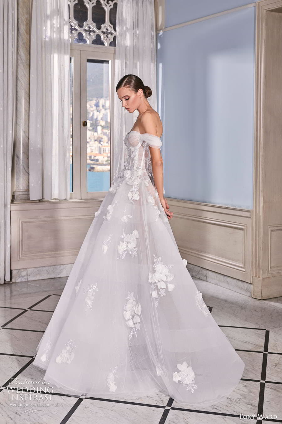 tony ward fall 2022 bridal off shoulder straps swag sleeve semi sweetheart neckline ruched corset bodice a line ball gown wedding dress chapel train (9) sv