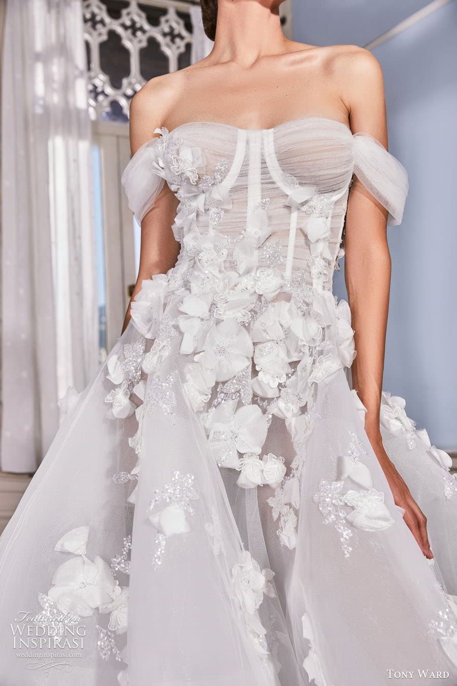 tony ward fall 2022 bridal off shoulder straps swag sleeve semi sweetheart neckline ruched corset bodice a line ball gown wedding dress chapel train (9) zv
