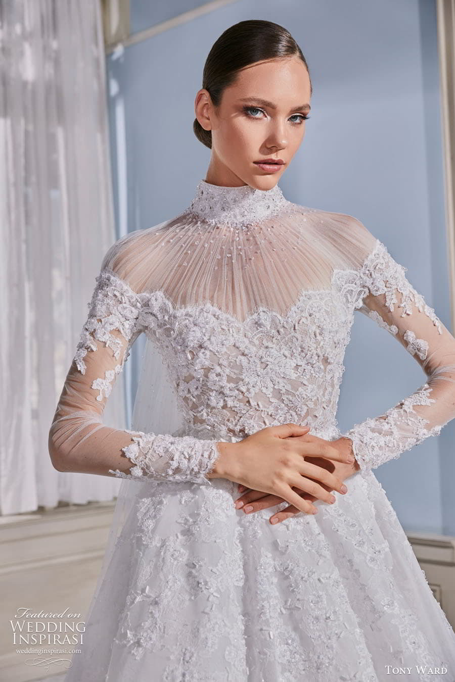 tony ward fall 2022 bridal sheer long sleeves high neckline embellished lace bodice a line ball gown wedding dress chapel train (2) zv
