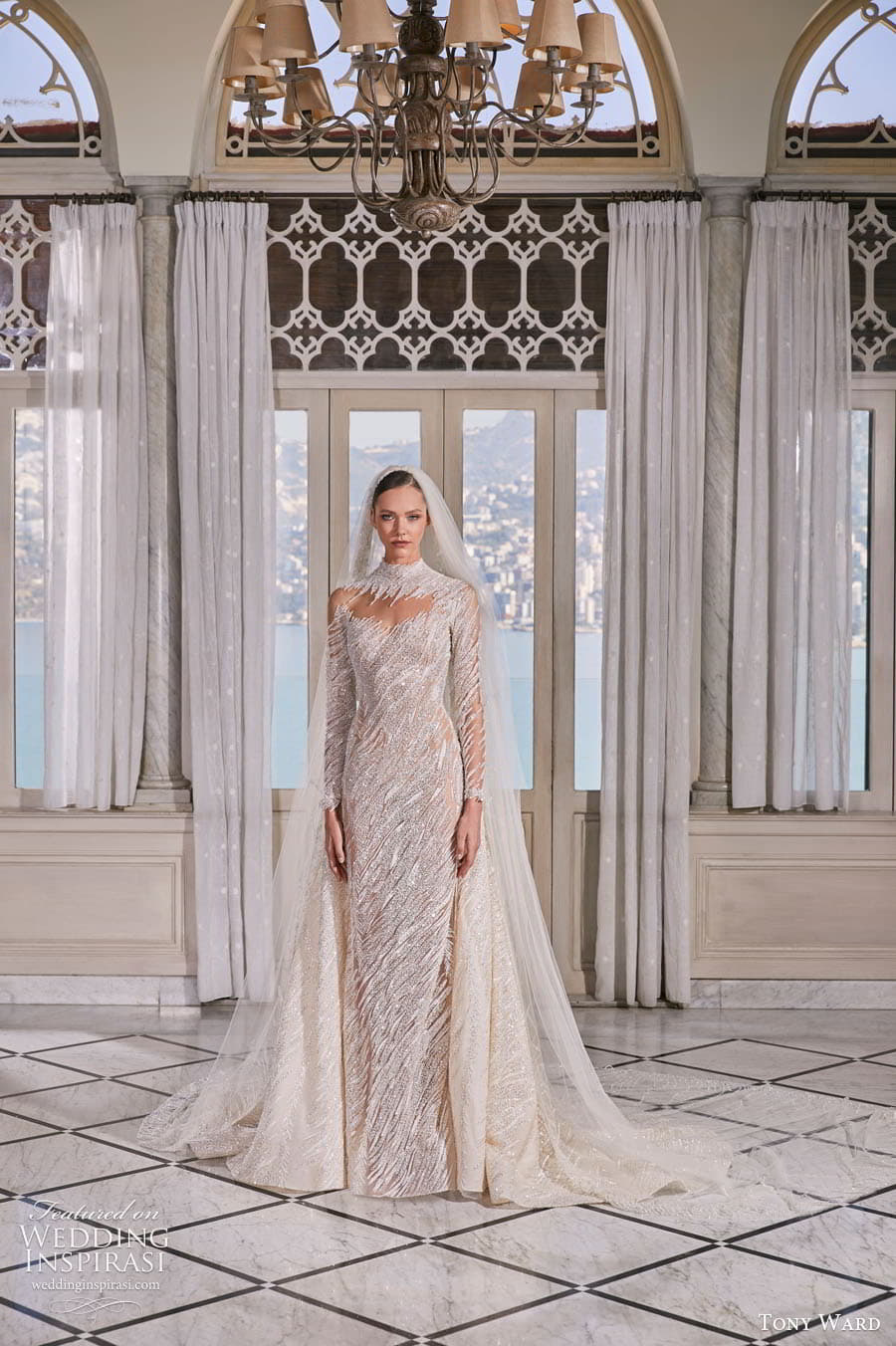 tony ward fall 2022 bridal sheer long sleeves high neckline embellished lace bodice sheath line ball gown wedding dress a line overskirt chapel train (13) mv