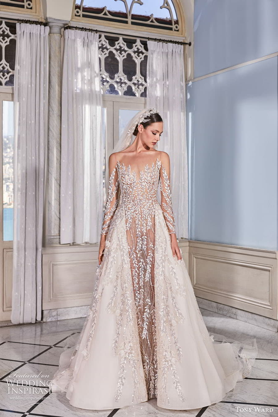 tony ward fall 2022 bridal sheer long sleeves illusion sweetheart neckline embellished lace a line wedding dress chapel train (3) mv