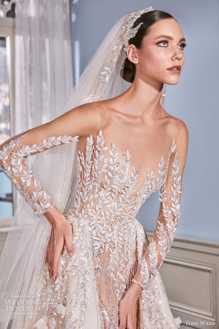 tony ward fall 2022 bridal sheer long sleeves illusion sweetheart neckline embellished lace a line wedding dress chapel train (3) zv