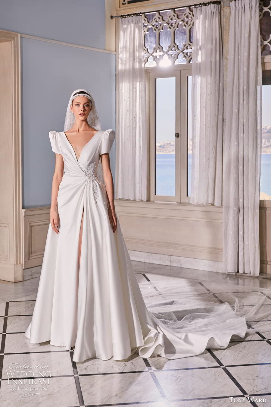 tony ward fall 2022 bridal short puff sleeve surplice v neckline clean minimalist a line wedding dress slit skirt chapel train (10) mv