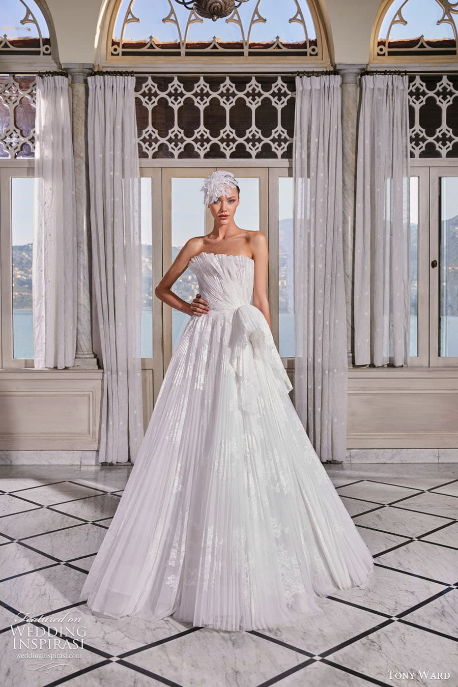 tony ward fall 2022 bridal strapless crumbcatcher neckline pleated bodice a line ball gown wedding dress chapel train (7) mv