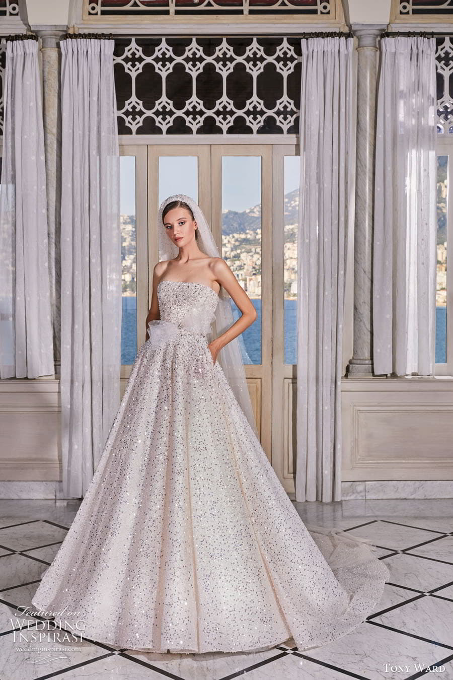 tony ward fall 2022 bridal strapless straight across neckline fully embellished a line ball gown wedding dress chapel train (4) mv