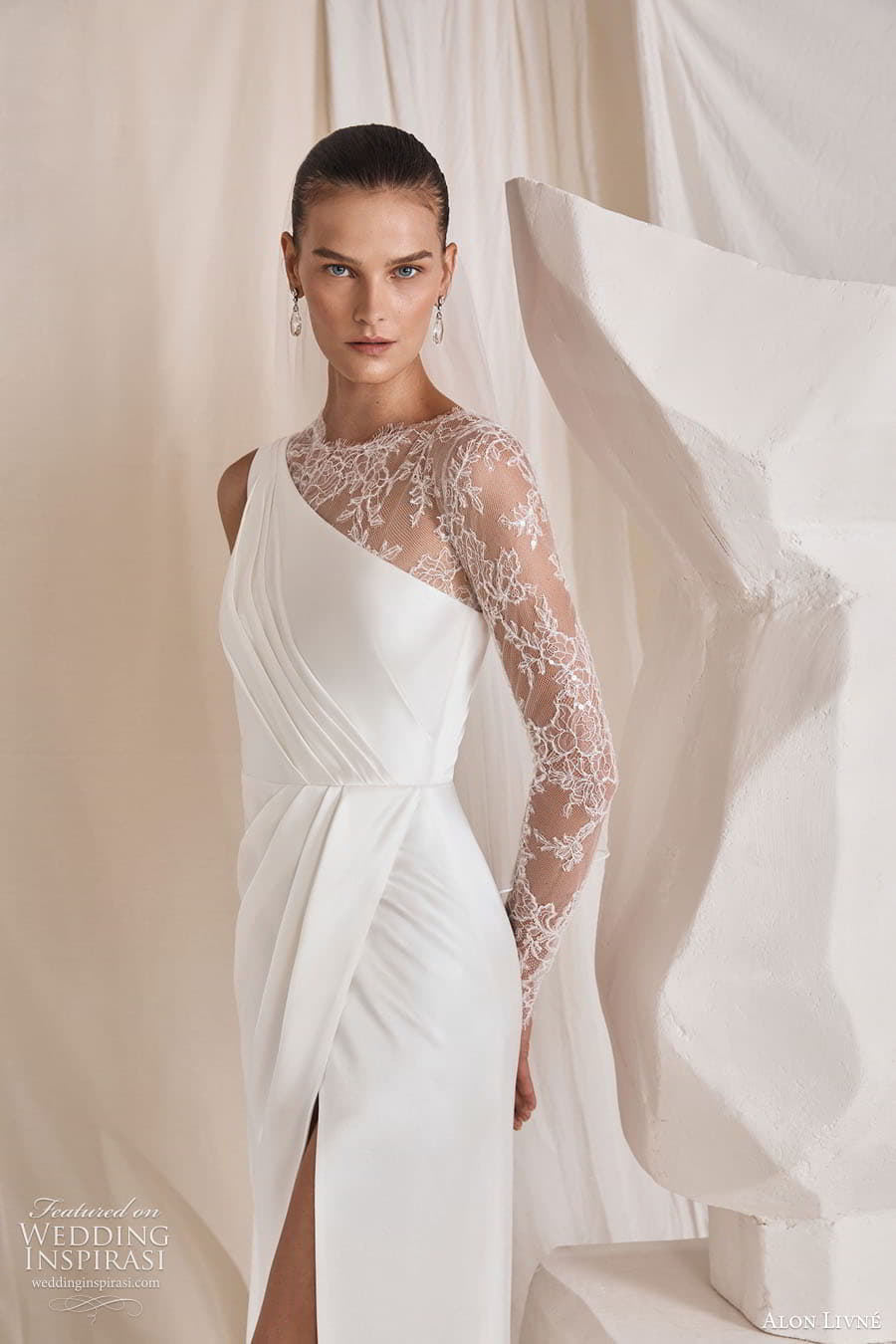 alon livne 2022 bridal one shoulder lace sleeve strap asymmetric neckline ruched bodice clean minimalist sheath wedding dress (11) zv 