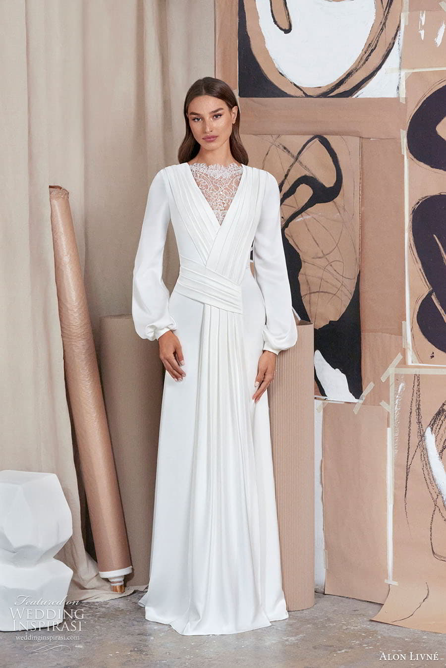 alon livne 2022 bridal sheer illusion panel long bishop sleeve v neckline surplice bodice clean minimalist column a line wedding dress (12) mv