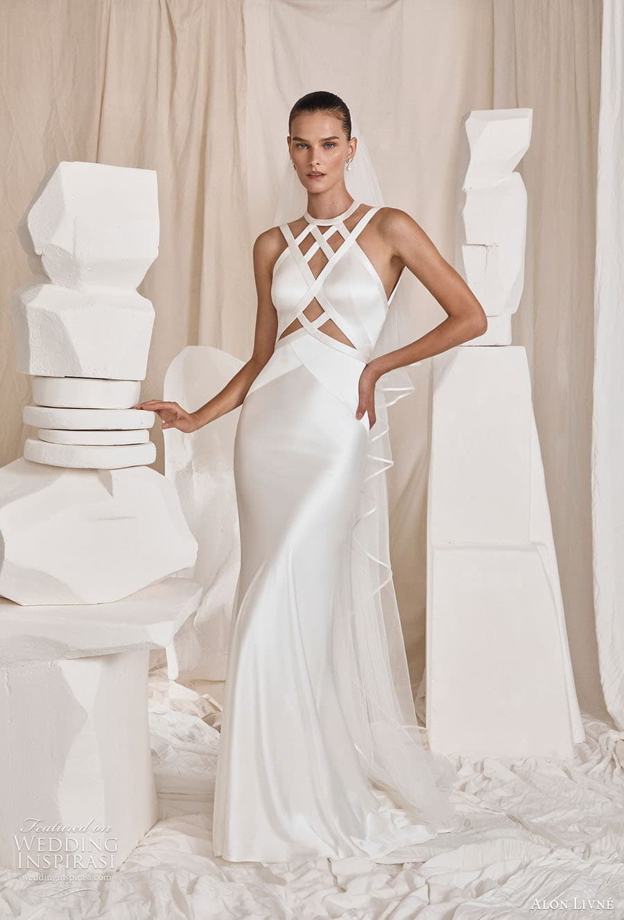 alon livne 2022 bridal sleeveless halter neckline cutout bodice clean minimalist sheath wedding dress slit skirt chapel train (6) mv