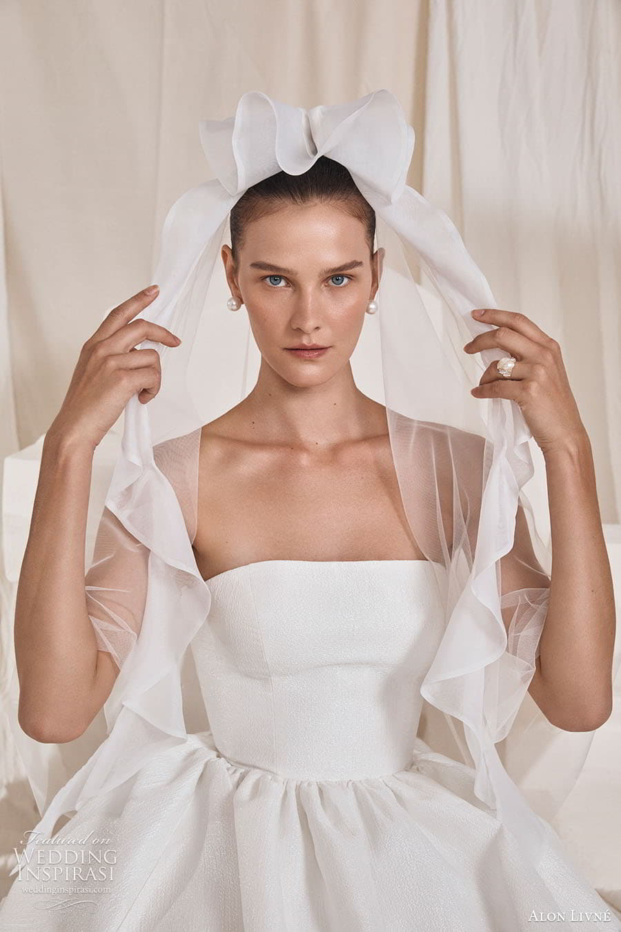 alon livne 2022 bridal strapless straight across clean minimalist a line ball gown wedding dress chapel train veil (19) mv