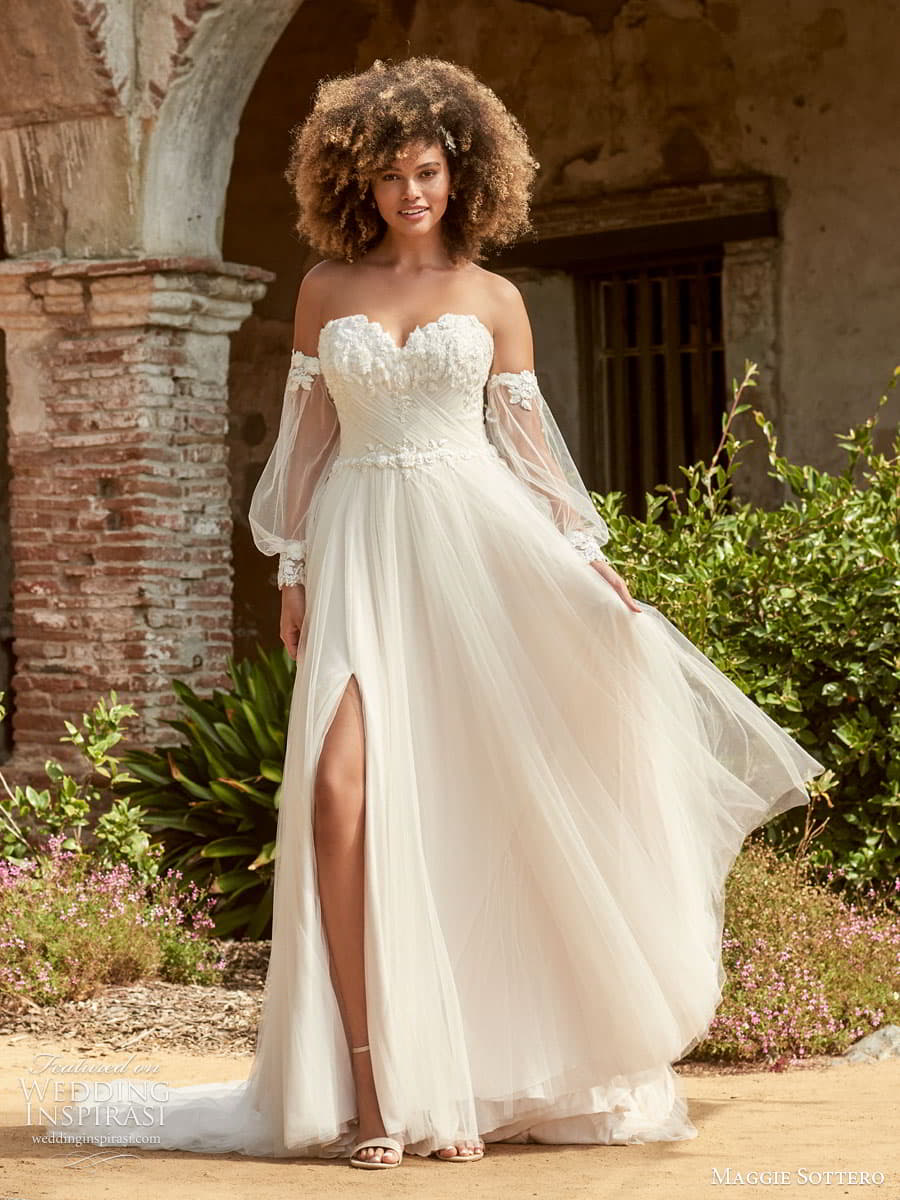 maggie sottero spring 2022 bridal detached sheer puff bishop sleeve strapless sweetheart neckline embellished bodice boho ball gown a line wedding dress slit skirt (39) mv