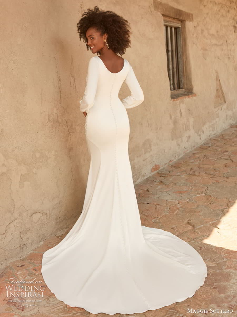 maggie sottero spring 2022 bridal long sleeve bateau neckline clean minimalist sheath wedding dress chapel tran (21) bv maggie sottero spring 2022 bridal long sleeve bateau neckline clean minimalist sheath wedding dress chapel tran (21) bv