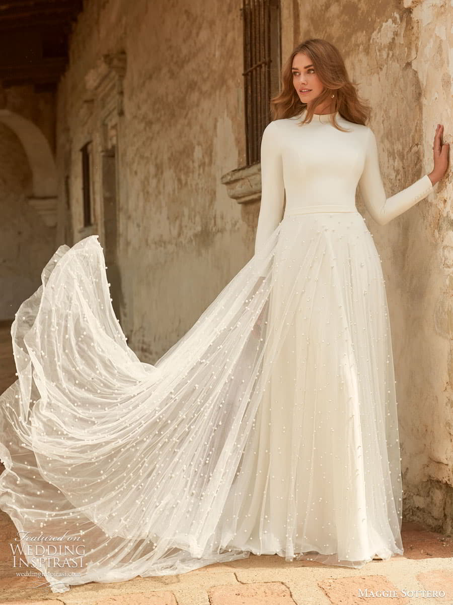 maggie sottero spring 2022 bridal long sleeve high neckline a line modest wedding dress (34) mv