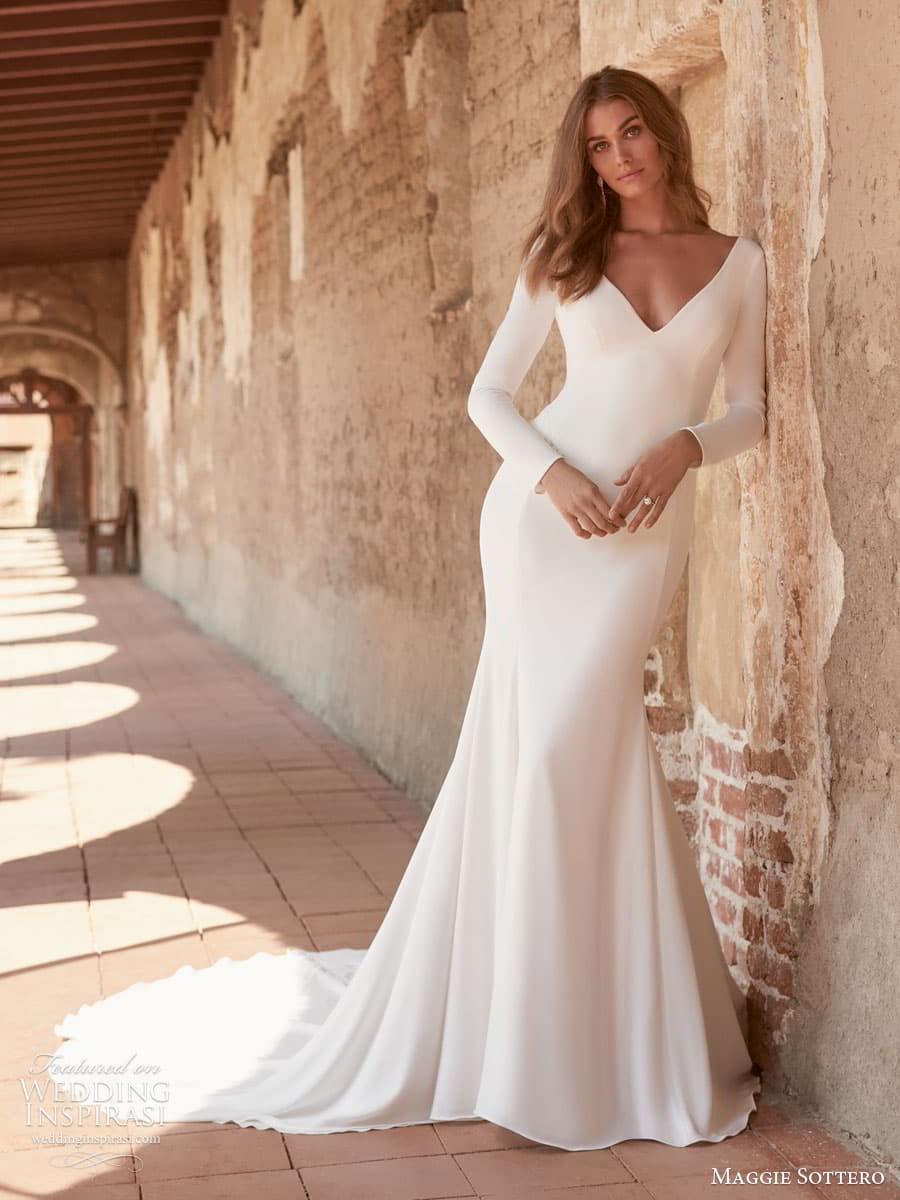 maggie sottero spring 2022 bridal long sleeve v neckline clean minimalist sheath wedding dress chapel tran (14) mv