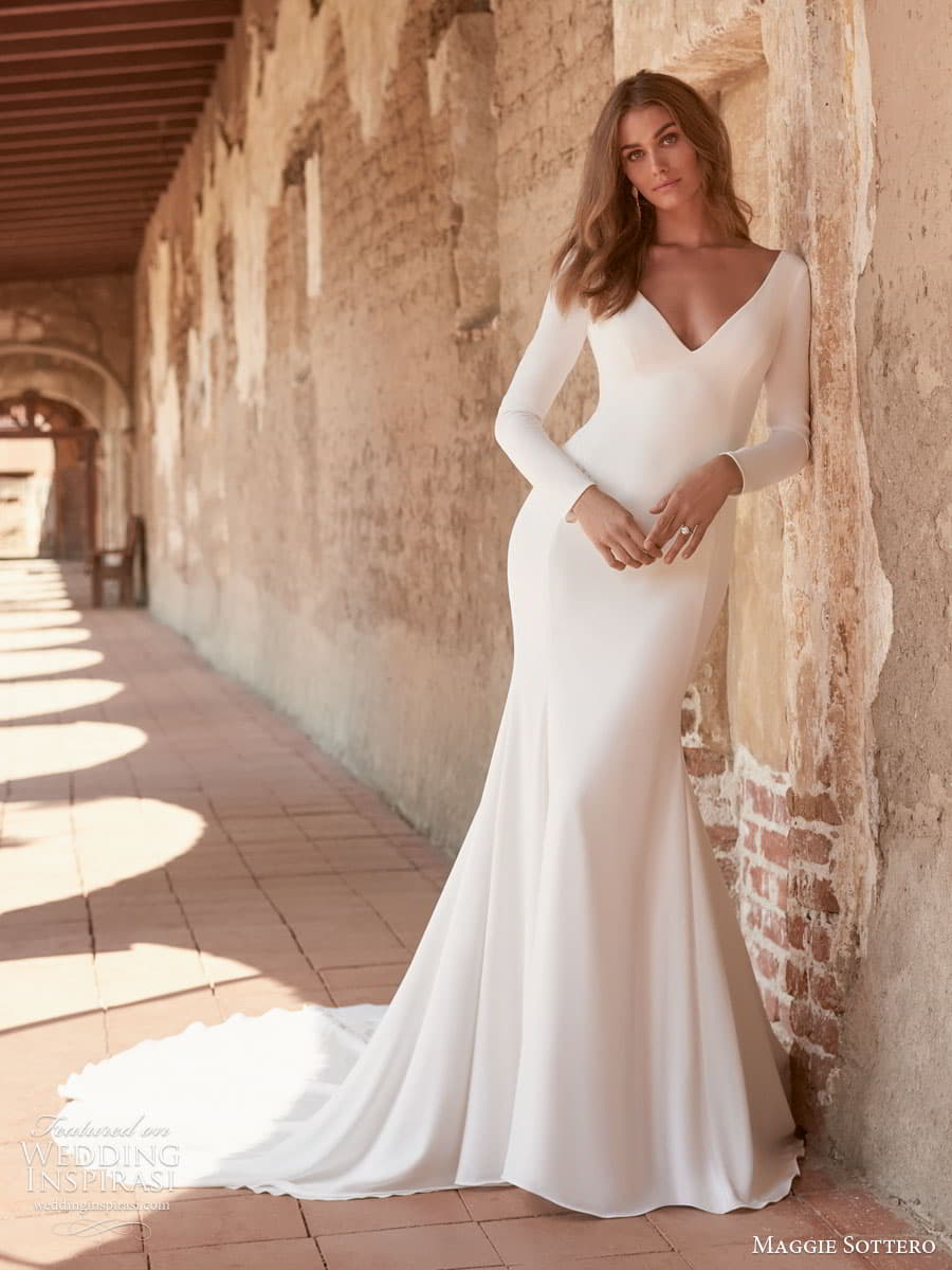 maggie sottero spring 2022 bridal long sleeve v neckline clean minimalist sheath wedding dress chapel tran (14) mv maggie sottero spring 2022 bridal long sleeve v neckline clean minimalist sheath wedding dress chapel tran (14) mv