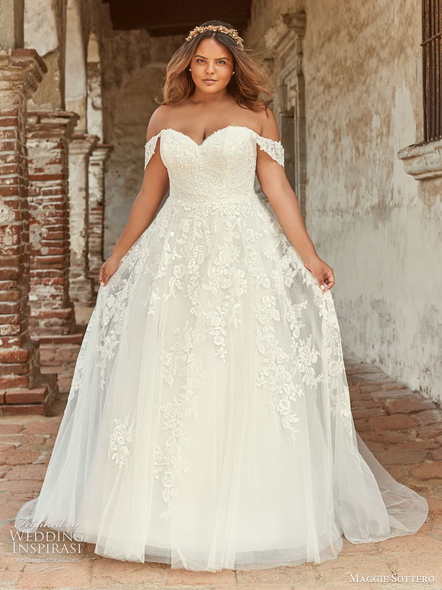 maggie sottero spring 2022 bridal off shoulder straps swag sleeve strapless sweetheart neckline embellished lace ball gown a line wedding dress curve plus size (33) mv