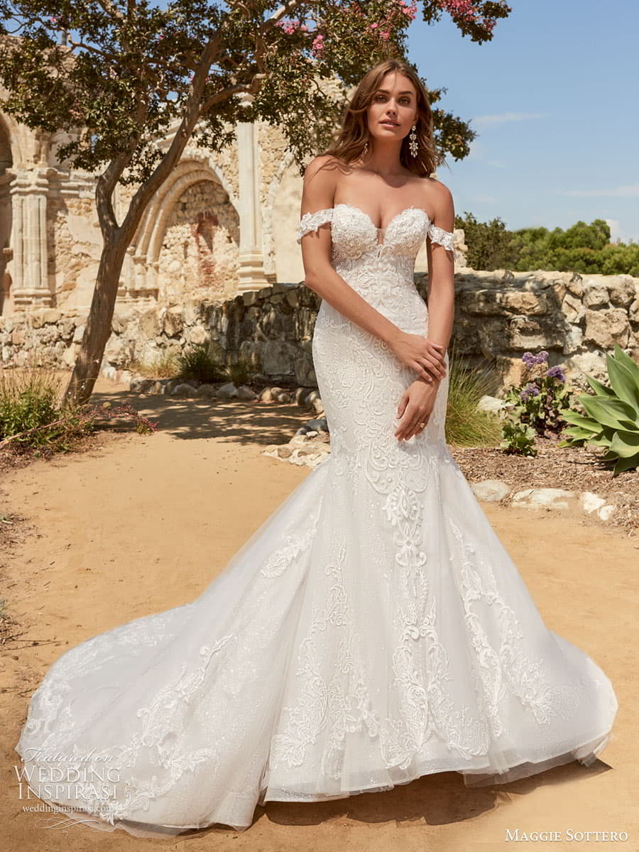 maggie sottero spring 2022 bridal off shoulder straps swag sleeve strapless sweetheart neckline embellished lace fit flare mermaidwedding dress (15) mv