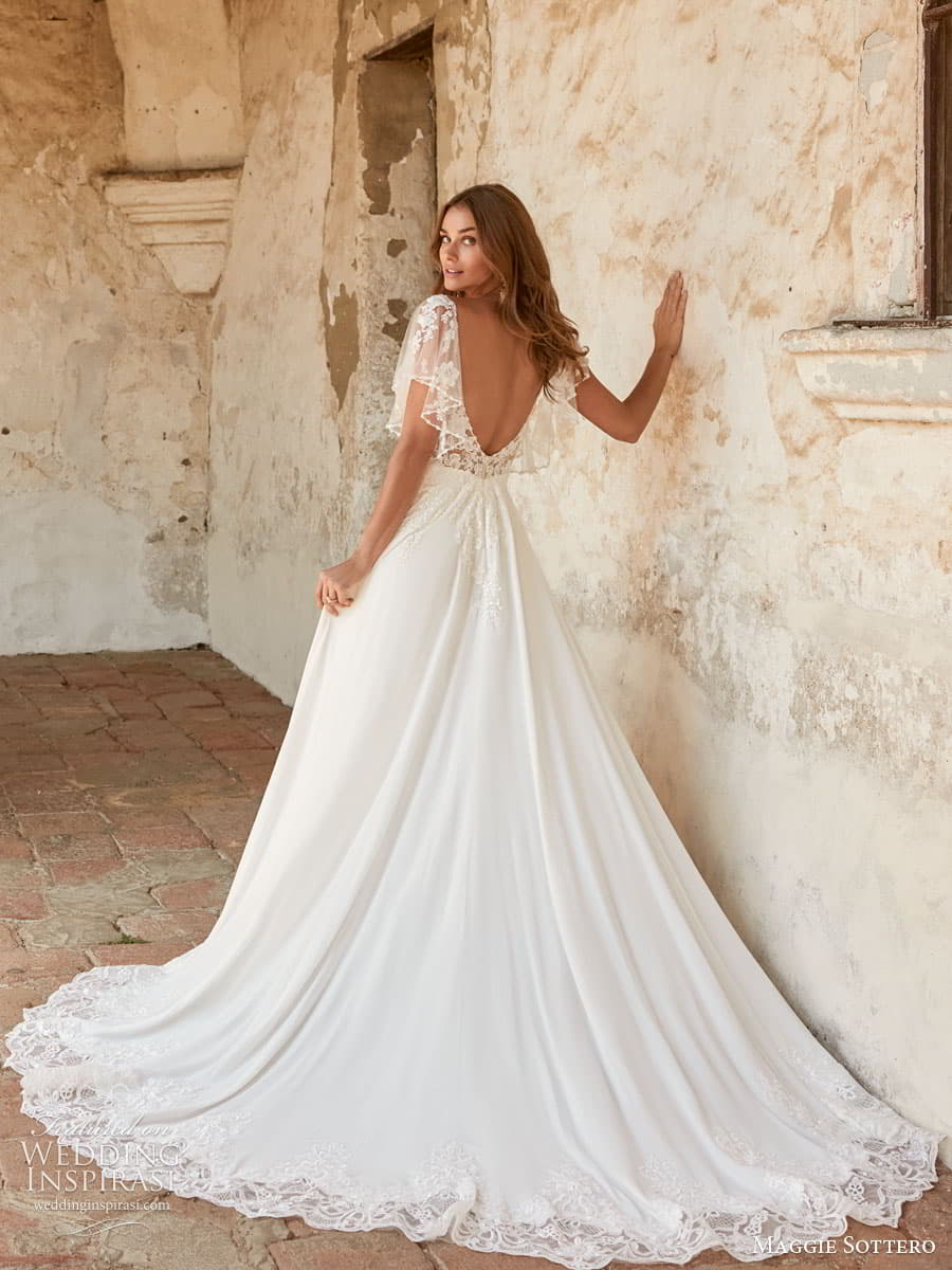 maggie sottero spring 2022 bridal romantic tiered flutter sleeve v neckline lace a line boho wedding dress v back chapel train (31) bv maggie sottero spring 2022 bridal romantic tiered flutter sleeve v neckline lace a line boho wedding dress v back chapel train (31) bv