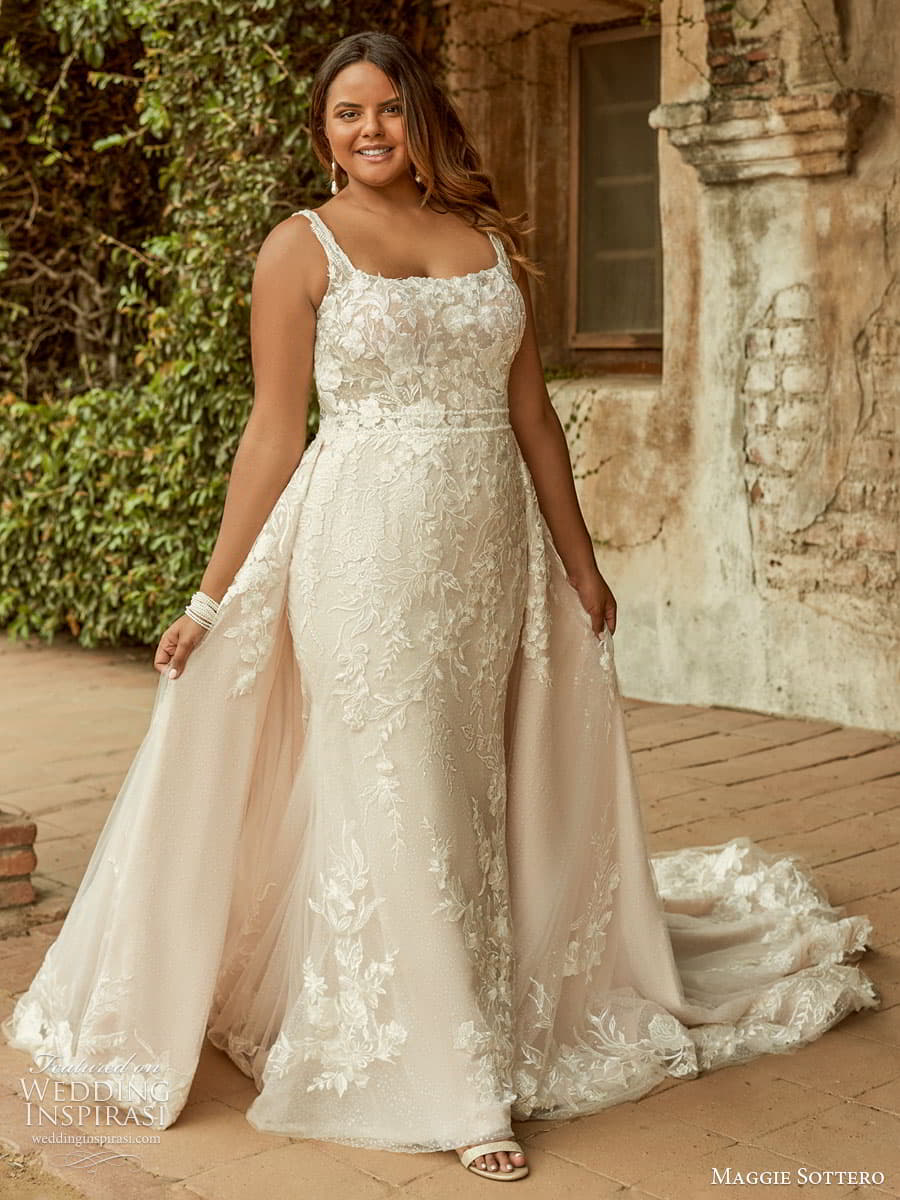 maggie sottero spring 2022 bridal sleeveless strap square neckline fit and flare plus wedding dress a line overskirt (1) mv maggie sottero spring 2022 bridal sleeveless strap square neckline fit and flare plus wedding dress a line overskirt (1) mv