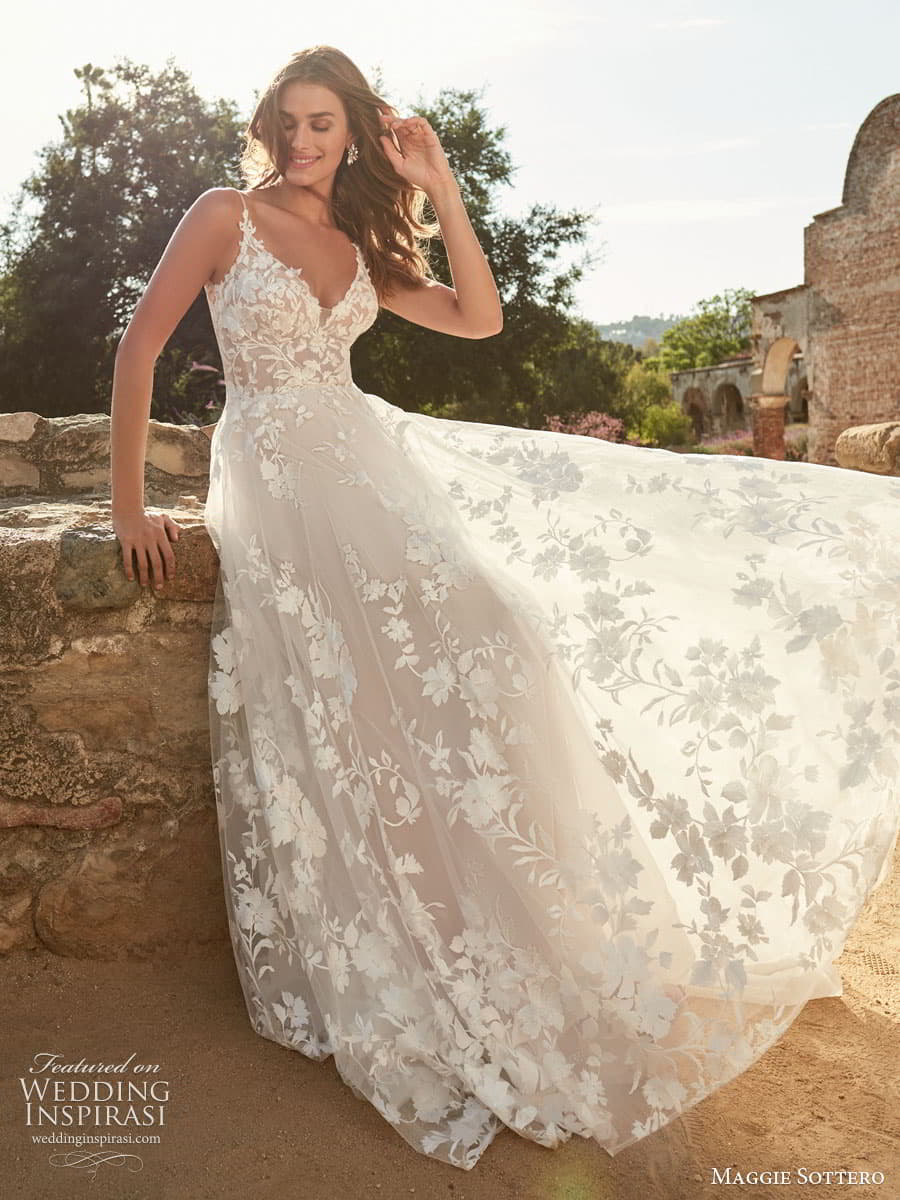 maggie sottero spring 2022 bridal sleevelesss thin straps sweetheart v neckline lace bodice fit and flare sheath a line wedding dress chapel train (40) mv maggie sottero spring 2022 bridal sleevelesss thin straps sweetheart v neckline lace bodice fit and flare sheath a line wedding dress chapel train (40) mv