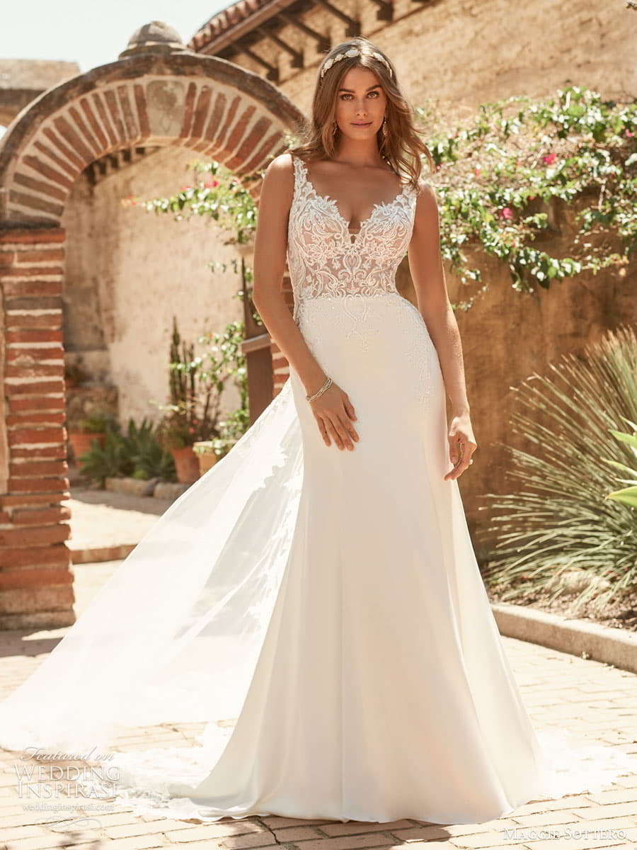 maggie sottero spring 2022 bridal sleevelesss thin straps sweetheart v neckline lace bodice fit and flare sheath clean skirt wedding dress chapel train (25) mv maggie sottero spring 2022 bridal sleevelesss thin straps sweetheart v neckline lace bodice fit and flare sheath clean skirt wedding dress chapel train (25) mv