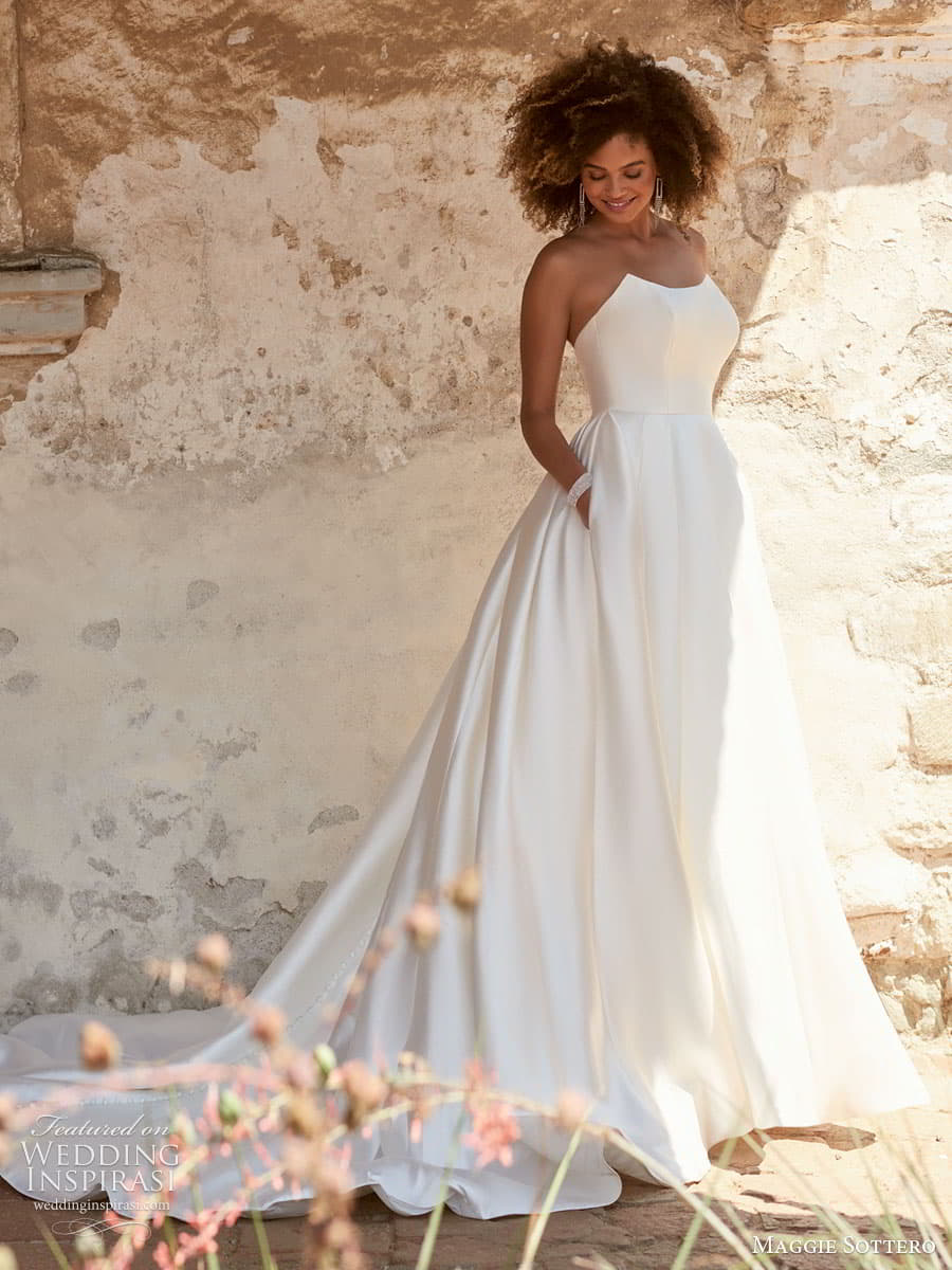 maggie sottero spring 2022 bridal strapless scoop neckline clean minimalist pocket a line ball gown wedding gown (35) mv