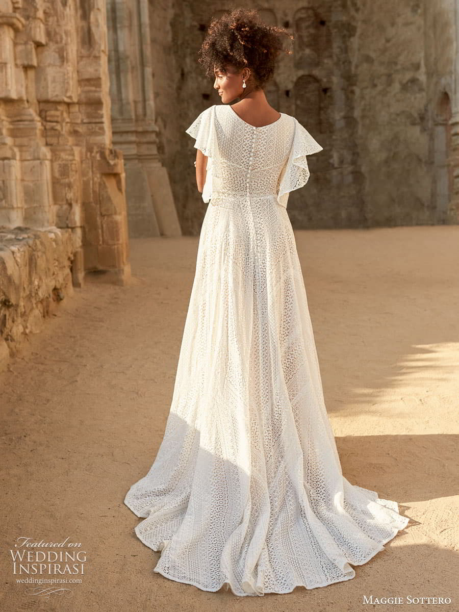 maggie sottero spring 2022 bridal tiered flutter sleeve v neckline lace a line boho wedding dress chapel train (29) bv maggie sottero spring 2022 bridal tiered flutter sleeve v neckline lace a line boho wedding dress chapel train (29) bv