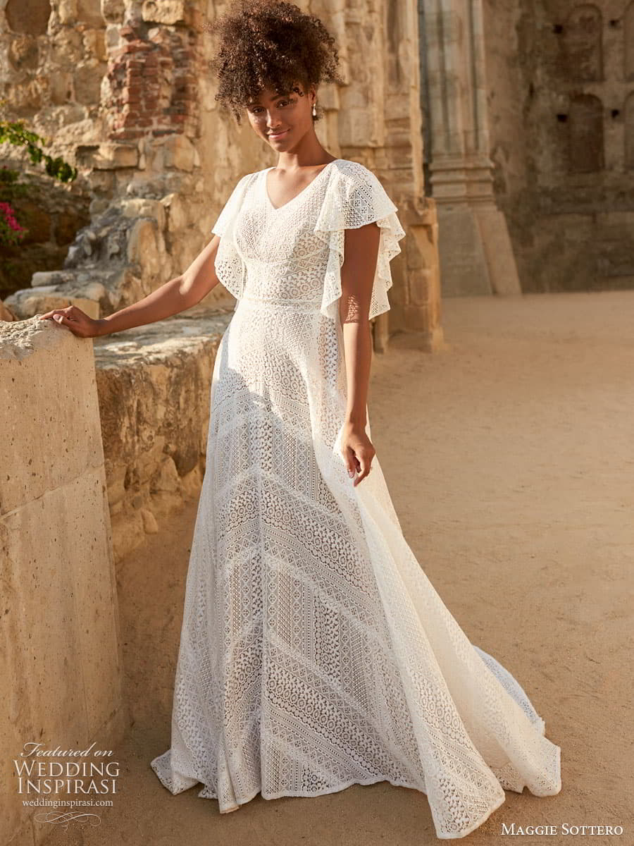 maggie sottero spring 2022 bridal tiered flutter sleeve v neckline lace a line boho wedding dress chapel train (29) mv