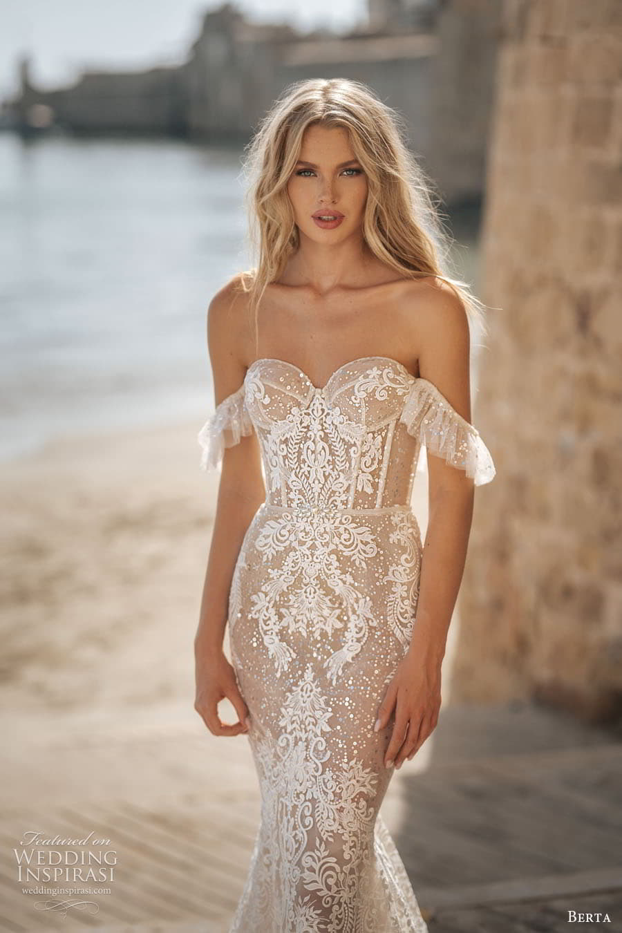 berta fall 2022 prive bridal off shoulder strap swag sleeve sweetheart neckline fully embellished lace fit flare mermaid wedding dress chapel train (5) zv