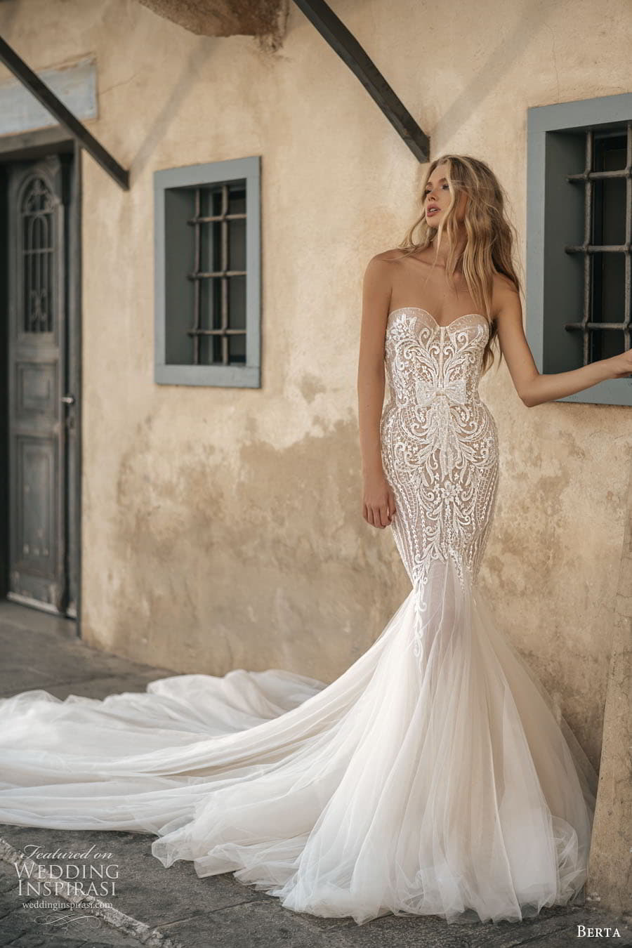 berta fall 2022 prive bridal strapless split sweetheart neckline embellished lace bodice fit flare mermaid wedding dress chapel train (6) mv