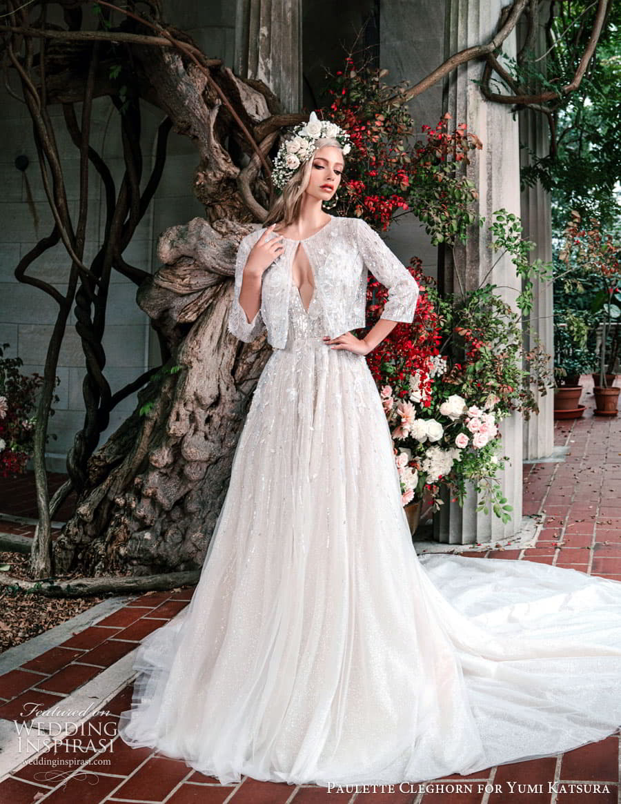 yumi katsura fall 2022 paulette cleghorn bridal 3 quarter sleeve jacket sleeveless strap plunging v neckline embellished bodice a line wedding dress chapel train (11) mv