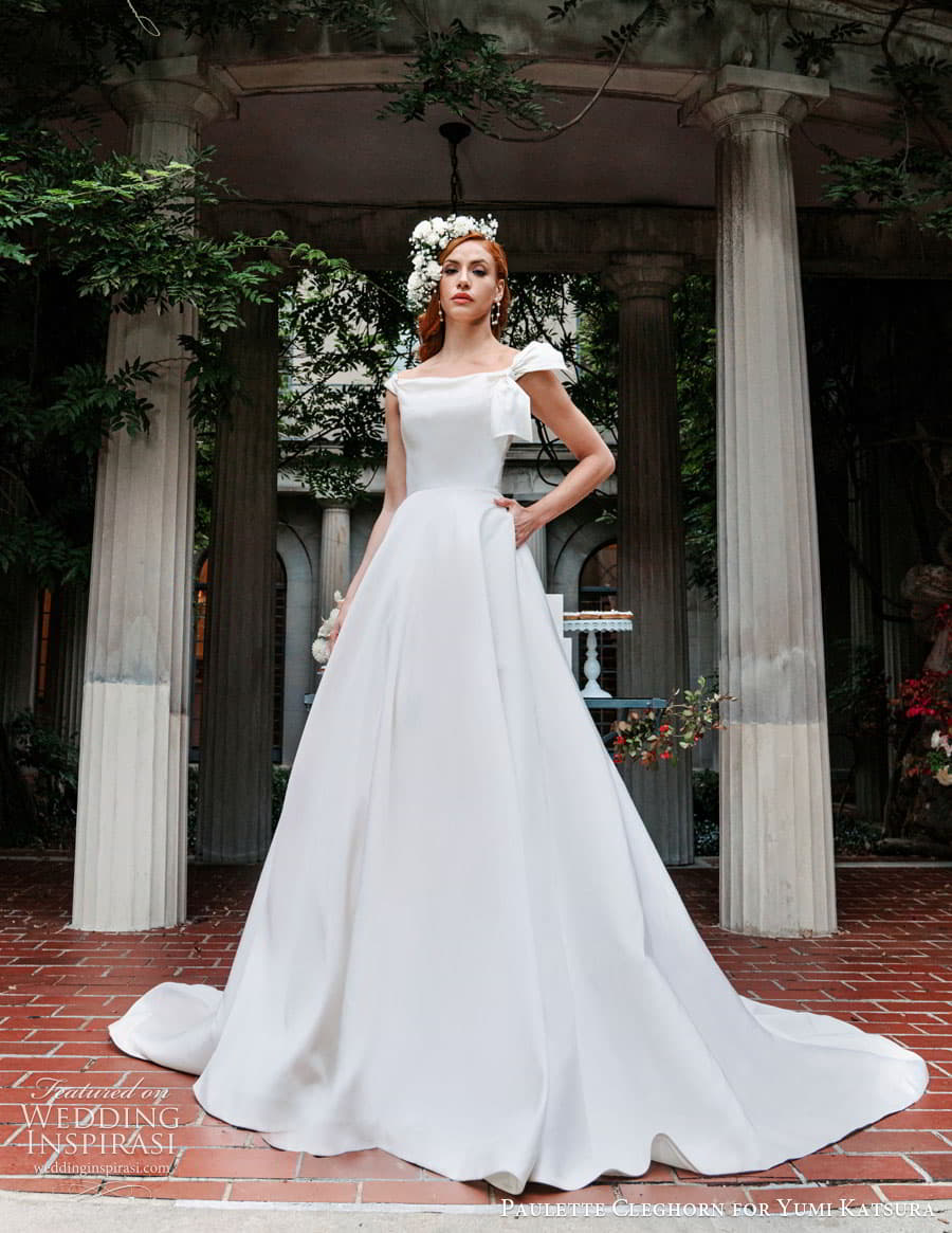 yumi katsura fall 2022 paulette cleghorn bridal cap sleeve straight across neckline clean minimalist a line ball gown wedding dress chapel train (21) mv