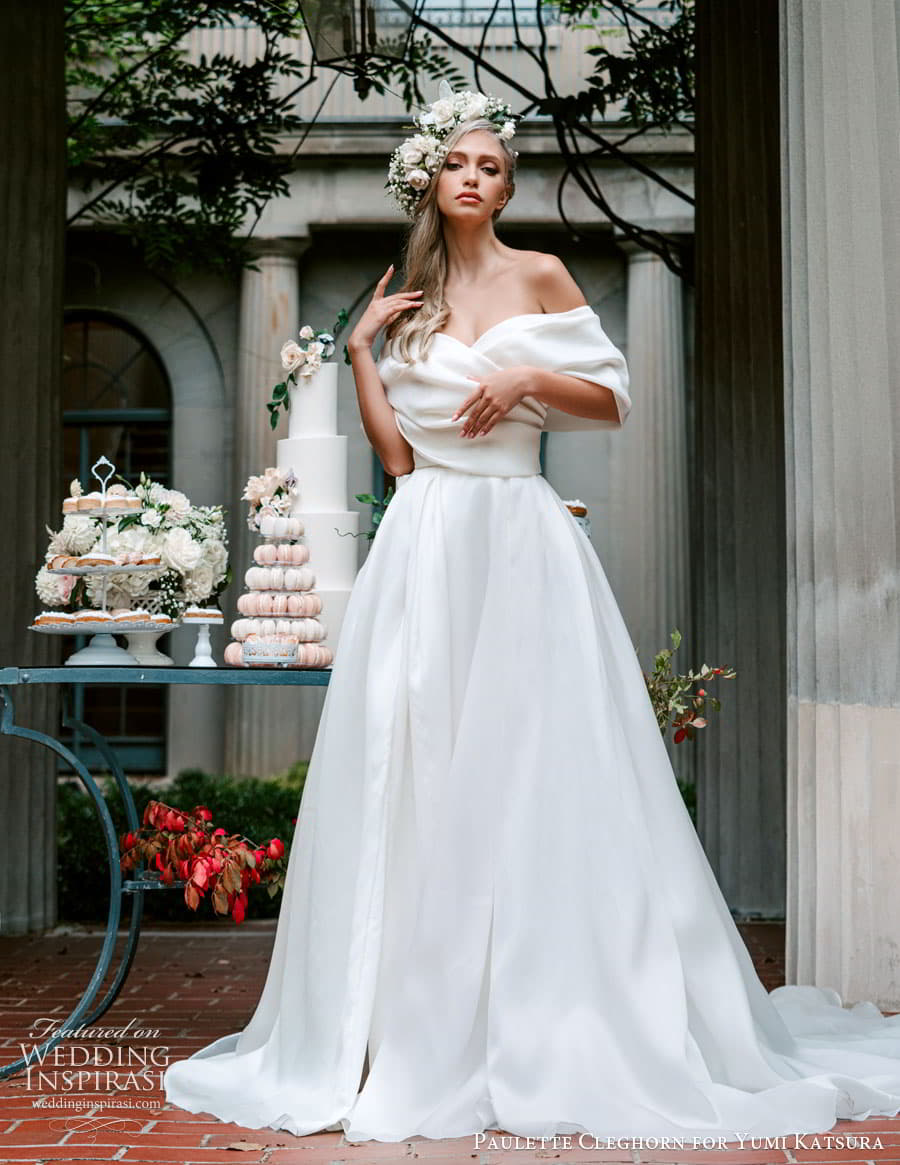 yumi katsura fall 2022 paulette cleghorn bridal off shoulder sleeve surplice neckline clean minimalist a line wedding dress slit skirt chapel train (12) fv