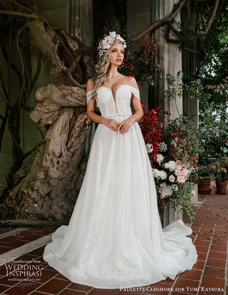 yumi katsura fall 2022 paulette cleghorn bridal off shoulder straps swag sleeve plunging sweetheart neckline a line ball gown wedding dress chapel train (3) mv