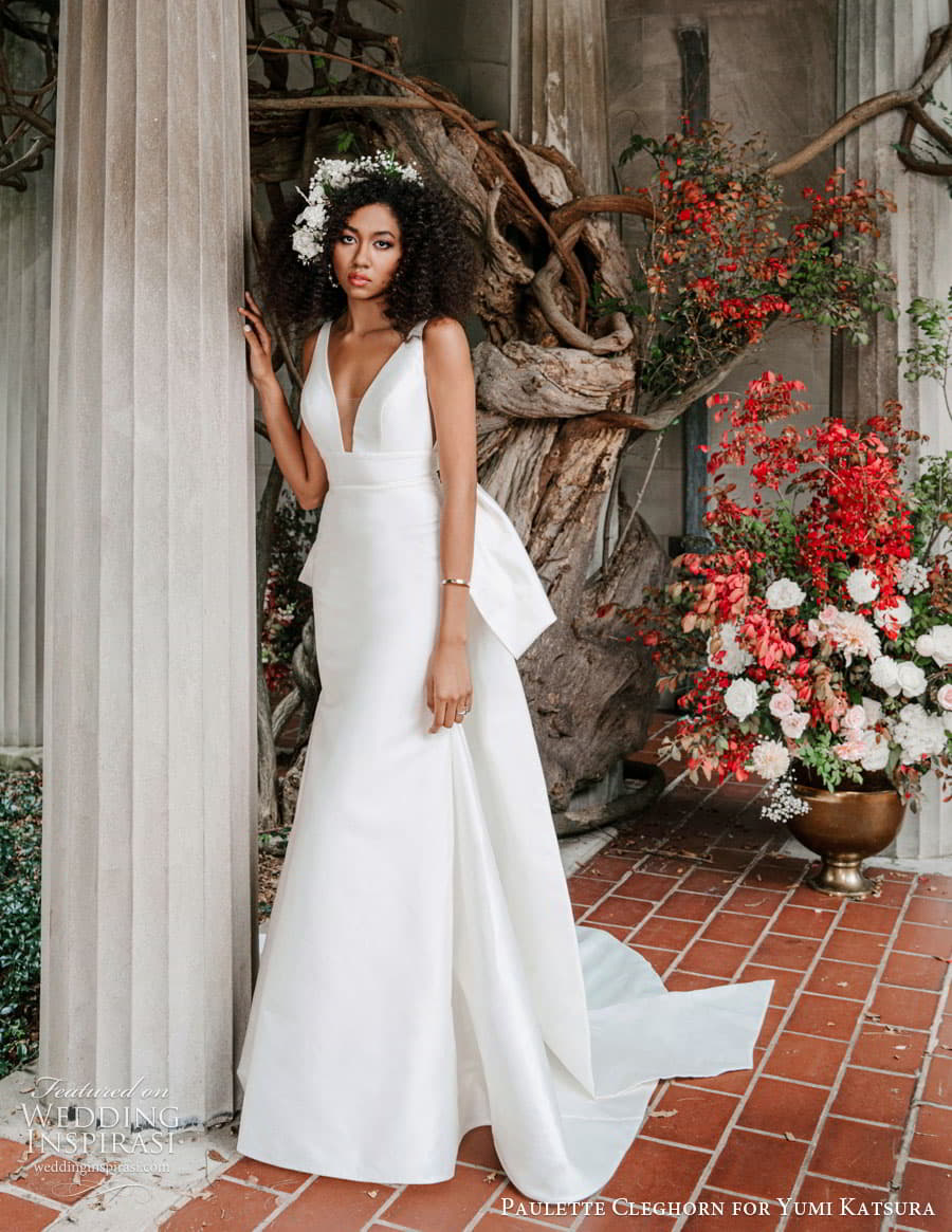 yumi katsura fall 2022 paulette cleghorn bridal sleeveless strap plunging v neckline clean minimalist fit flare wedding dress chapel train (4) mv