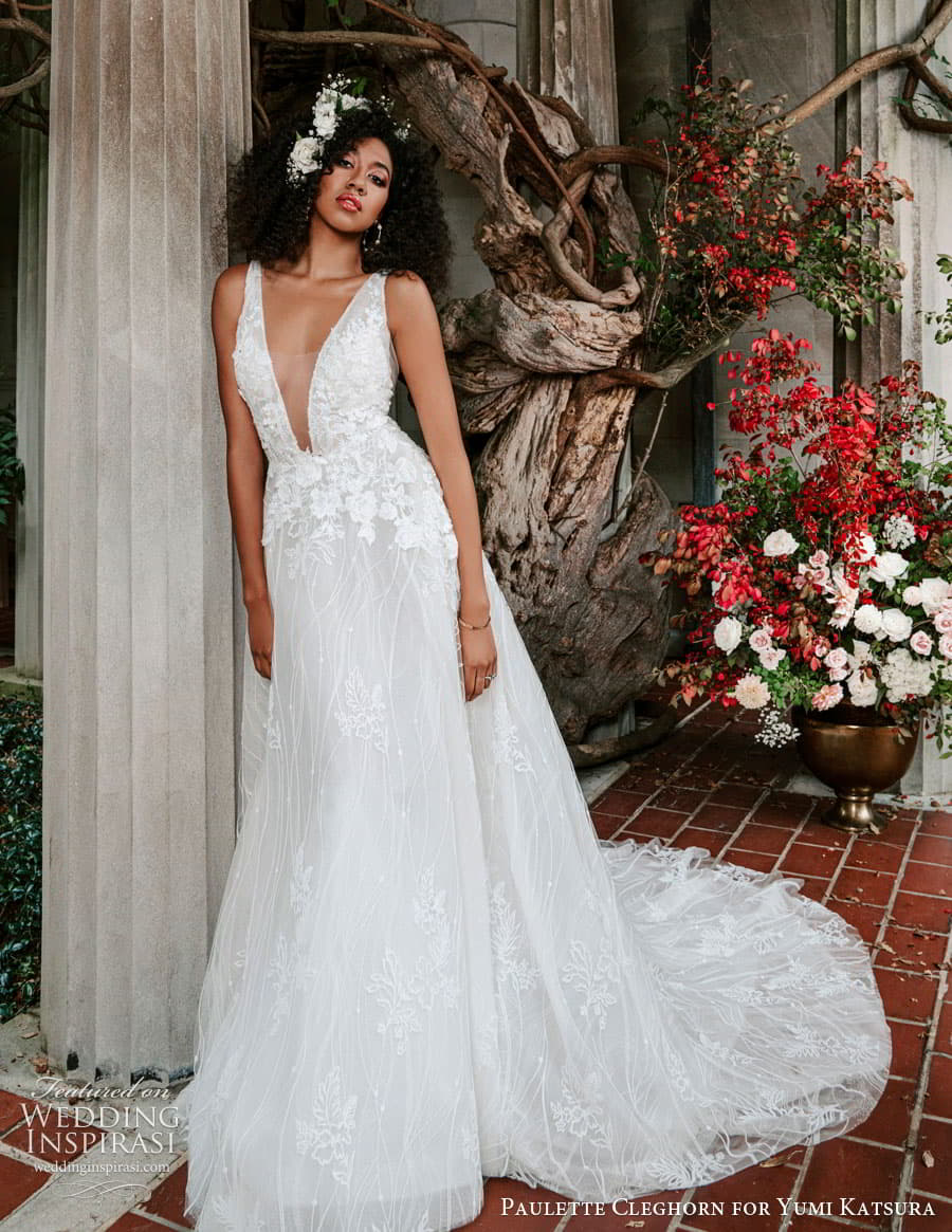 yumi katsura fall 2022 paulette cleghorn bridal sleeveless strap plunging v neckline embellished bodice a line wedding dress chapel train (7) mv