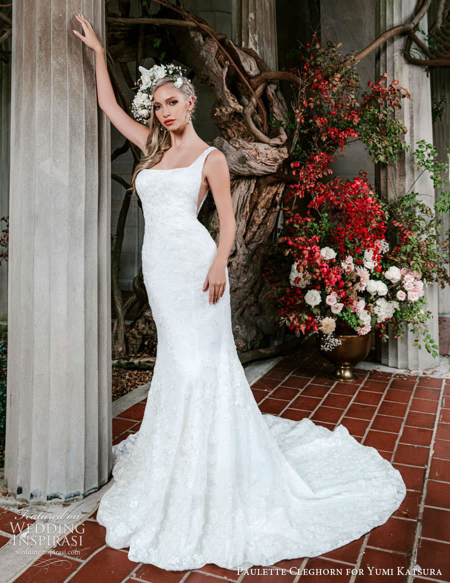 yumi katsura fall 2022 paulette cleghorn bridal sleeveless thick strap square neckline embellished lace fit flare mermaid wedding dress chapel train (9) mv