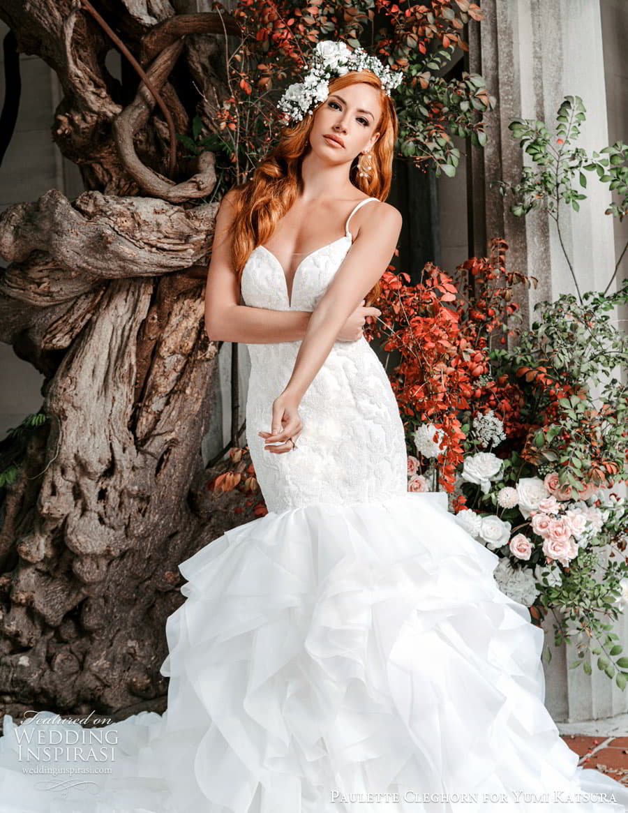 yumi katsura fall 2022 paulette cleghorn bridal sleeveless thin strap sweetheart neckline embellished lace fit flare mermaid wedding dress tiered skirt chapel train (2) mv